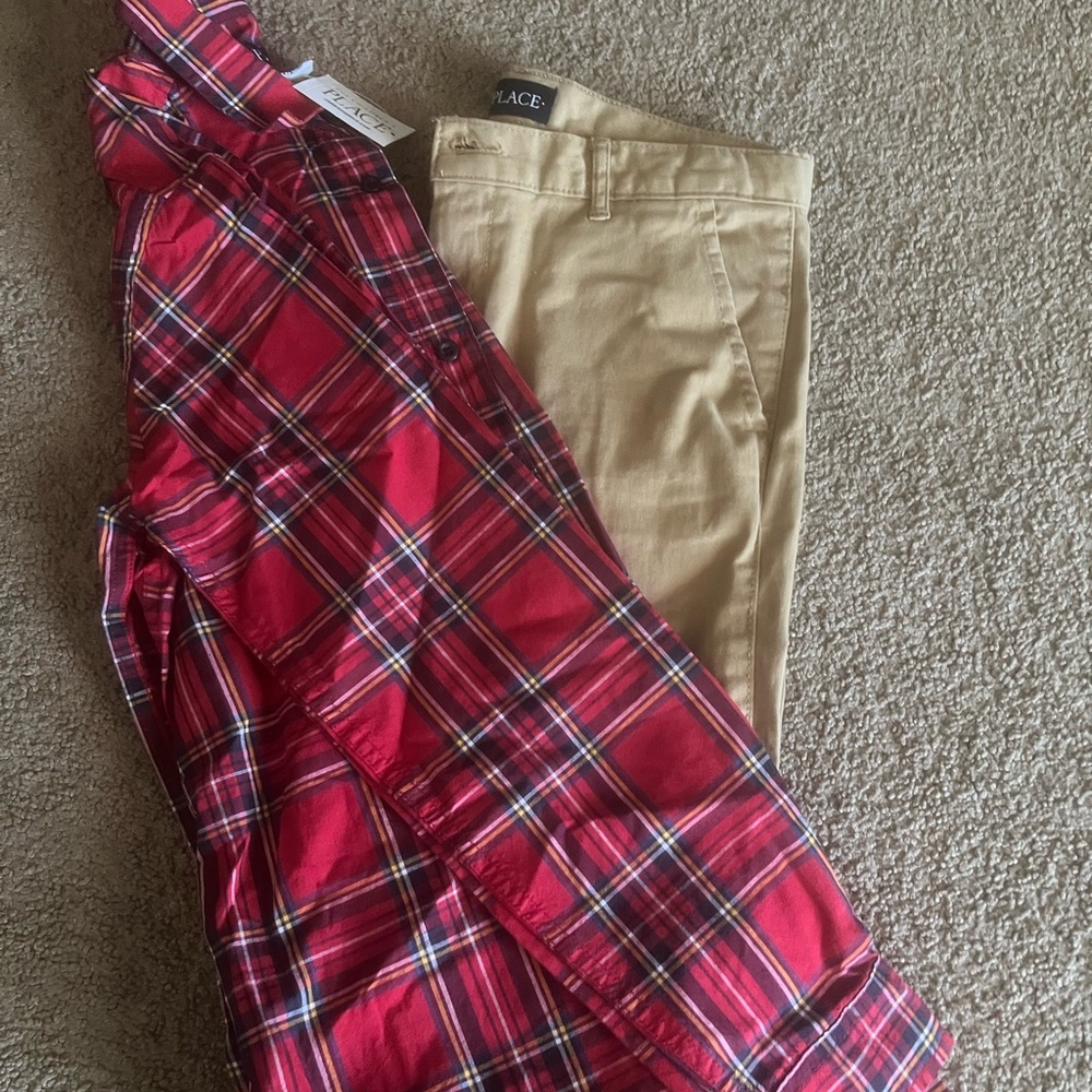 Boys Children’s Place Long Sleeve Button Down Plaid-New & Khaki Pants both SZ-14
